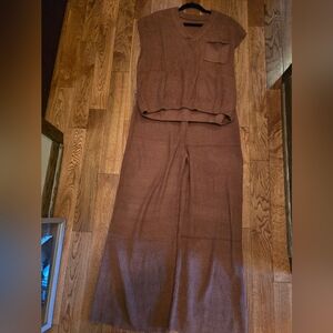 Brown Knit Cap Sleeved Top and Wide-Leg Pants Set